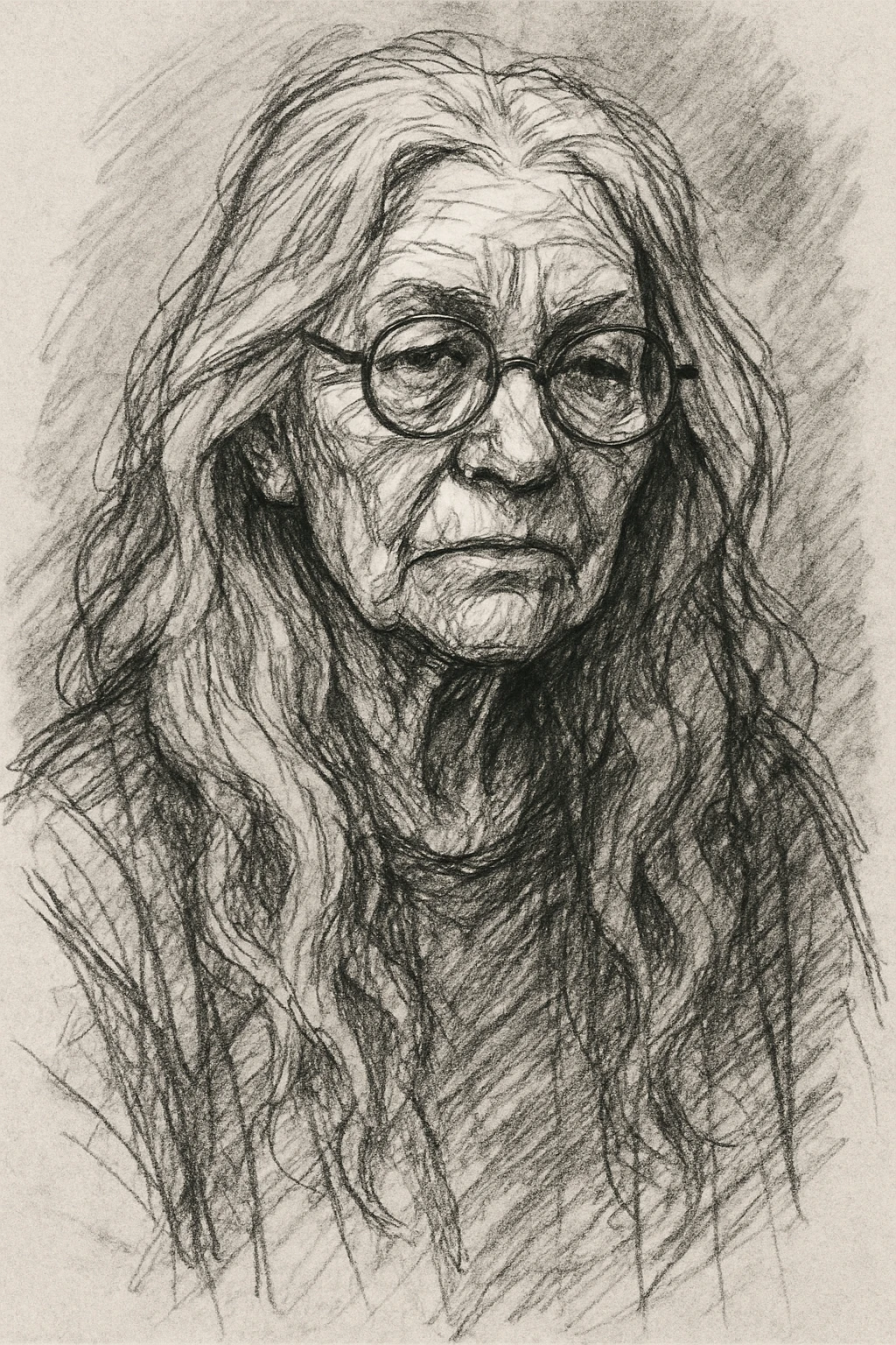 wise old woman with long silver-purple hair, glasses, hand-drawn sketch style emoji