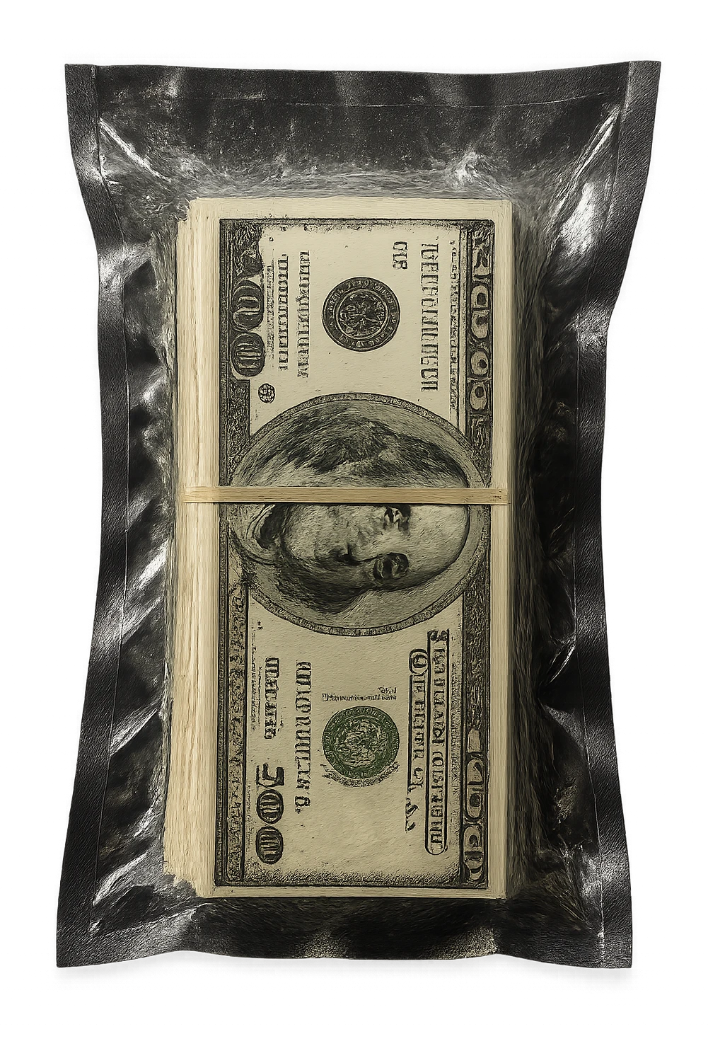 Create a hyper-realistic image of a stack of cash with a rubber band around it, inside a clear, vacuum-sealed plastic bag like retail product packaging. No background. emoji