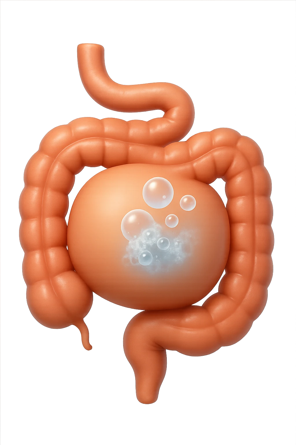 emoji stile iphone di un intestino che ingoia una nuvoletta di aria ben visibile e gli si gonfia la pancia, non fargli il naso, iperrealistico 4k emoji