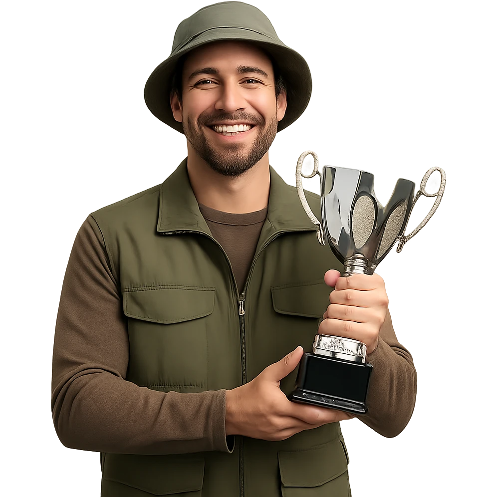 a male fisherman with a trophy cup, smiling, wearing a fishing hat emoji