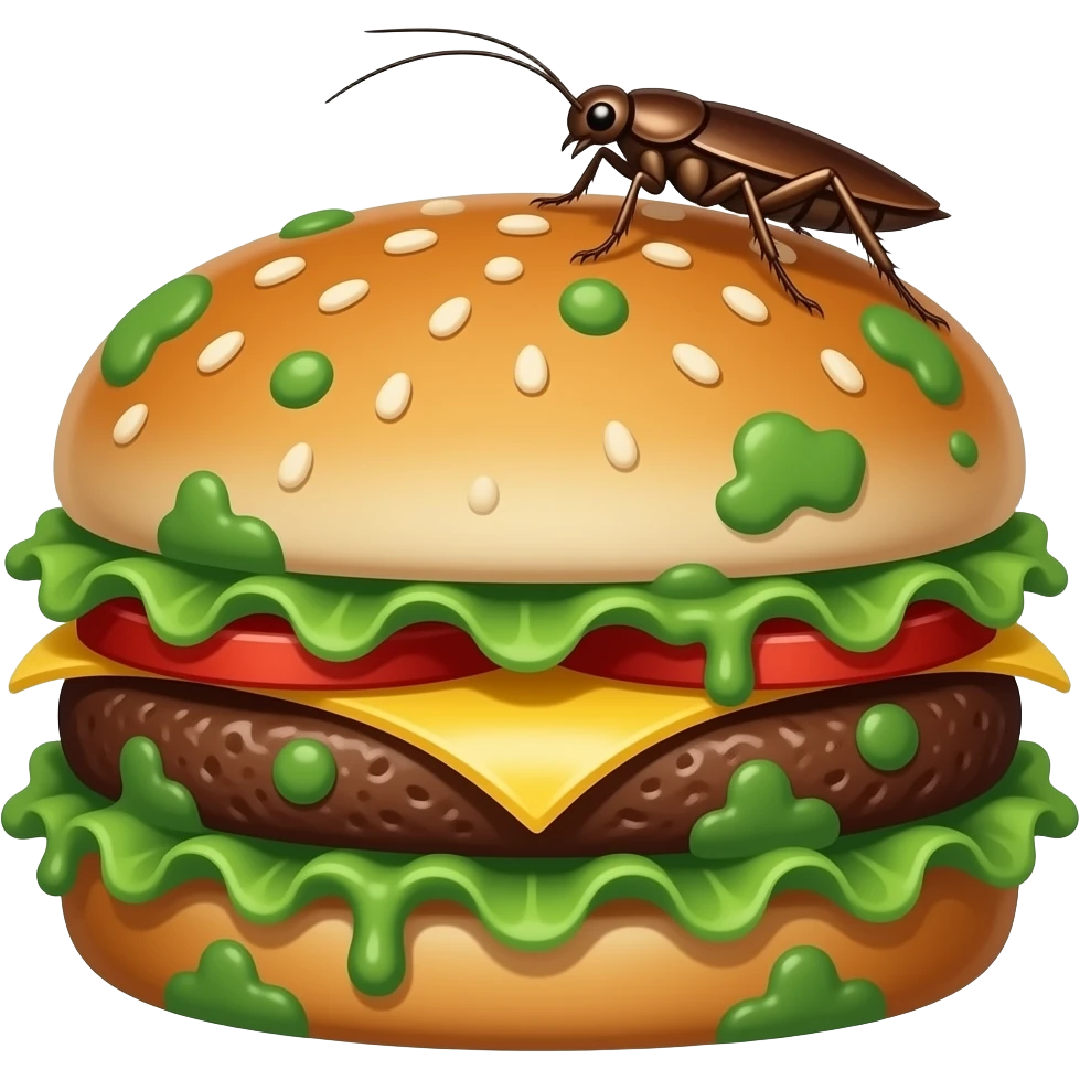 moldy rotten hamburger. molds should be green and cartoonish. there will be a cockroach on it. no face emoji