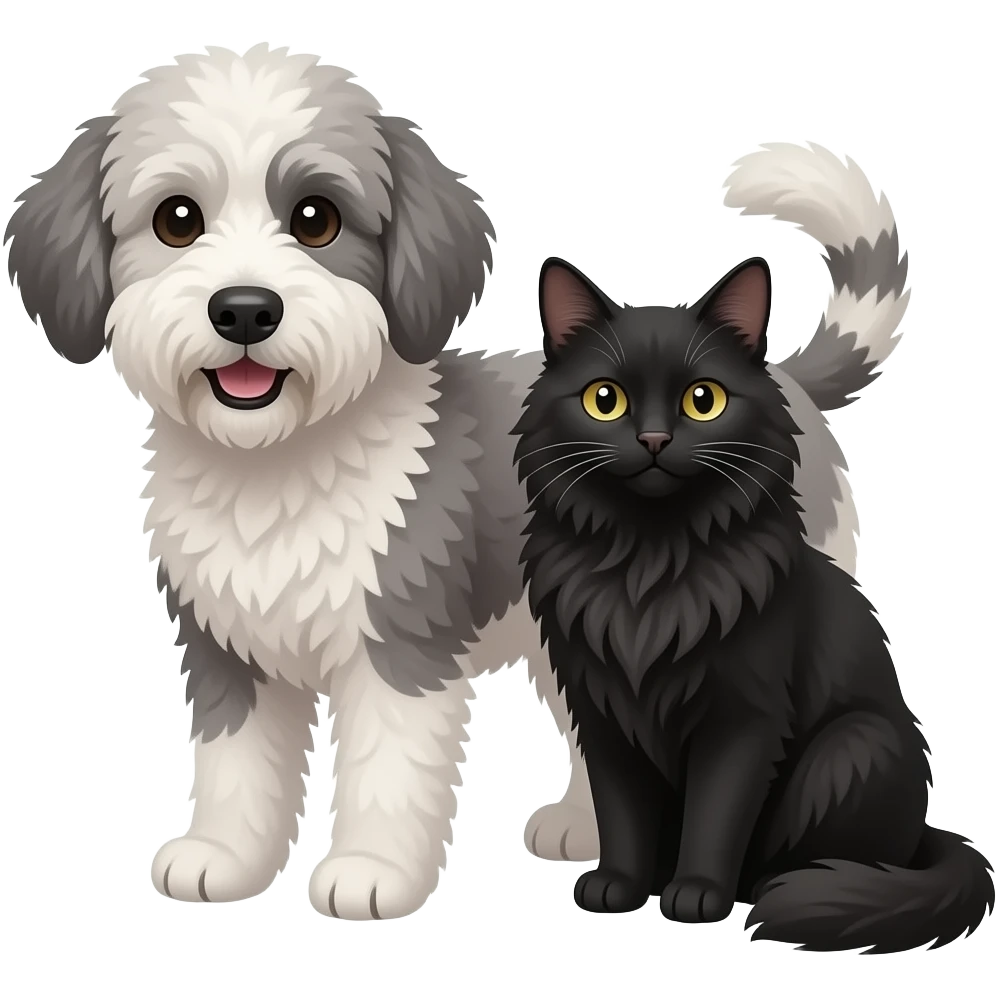 mini merle bernedoodle next to a long haired black cat emoji