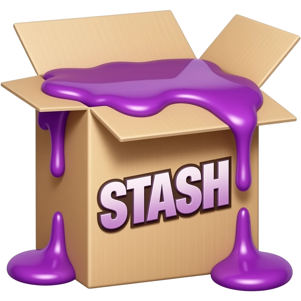 a box with purple syrup flowing out of it and a large inscription on the box saying "STASH" emoji