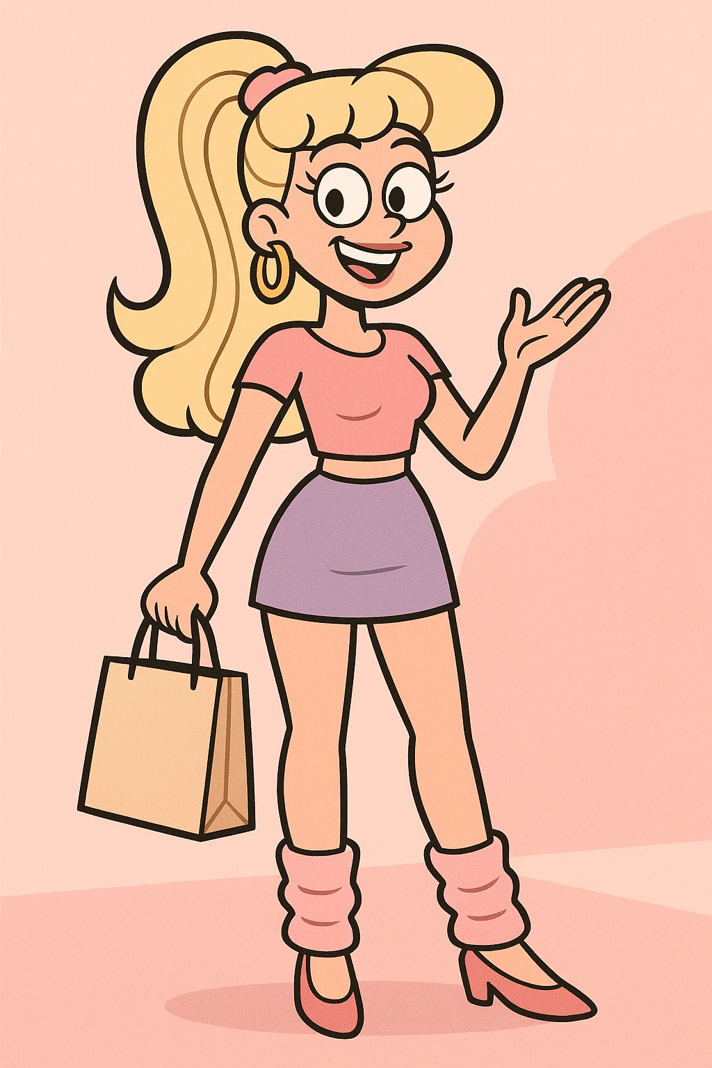 valley girl holding a shopping bag, wearing crop top, miniskirt, leg warmers, confident bubbly smile emoji