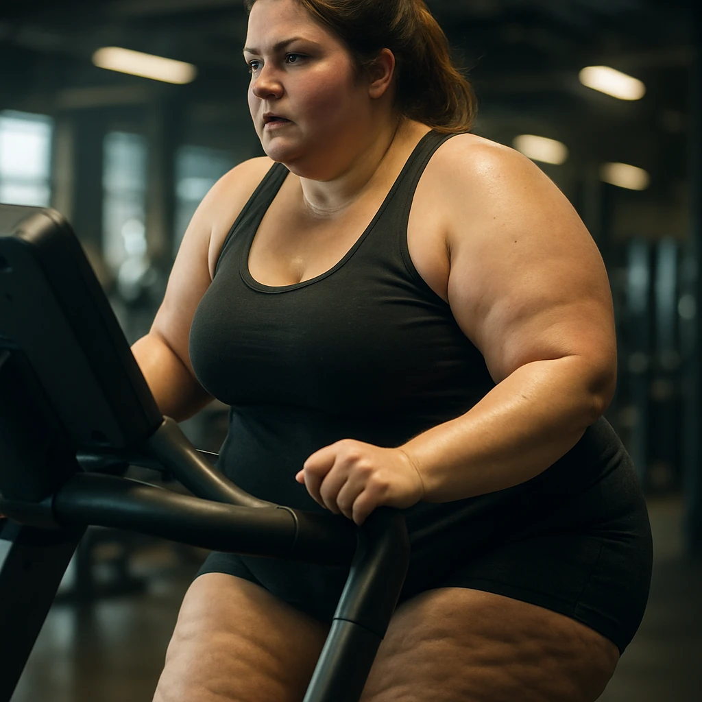 hyper realistic 4K image of a woman doing cardio on a treadmill, legs and thighs with stubborn fat, realistic details, cinematic gym background emoji