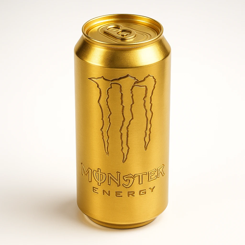 monster energy drink can, gold objects style, shiny metallic gold finish emoji