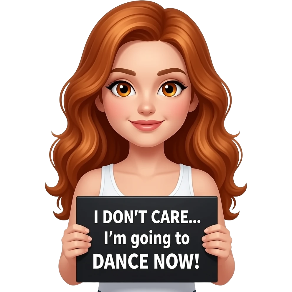 sexy girl with long wavy ginger hair and ginger eyes wearing a white tanktop is holding a black colored sign with I DON'T CARE... I'm going to DANCE NOW! written on it emoji