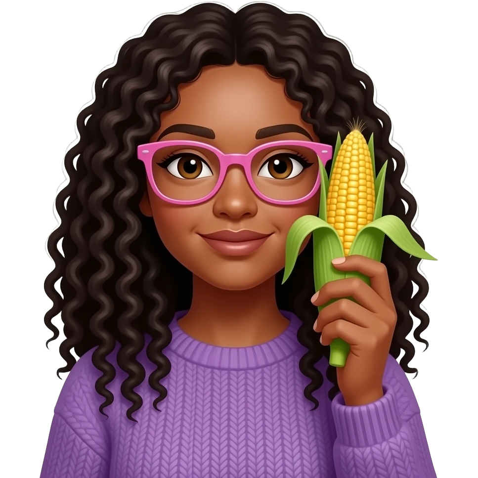 A black light skinned woman with long curly hair and pink glasses, wearing a purple sweater and holding an ear of corn in front of her face emoji