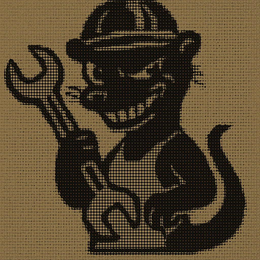 AN ANTHROPOMORPHIC WEASEL WITH A HARDHAT AND A LARGE SPANNER WRENCH - AIRPLANE FUSELAGE nose art 1940s era - he has a very VERY dark and mischevious look in his eye- grinning - digital scanner projection, virtual digital RETRO DOS ASCII ART emoji