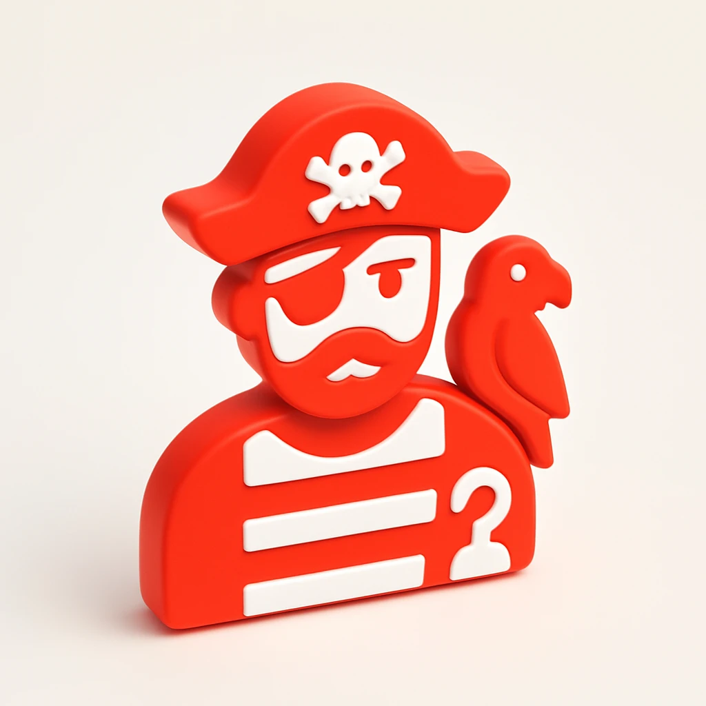 3D red style pirate with eye patch and parrot, striped shirt, hook hand emoji