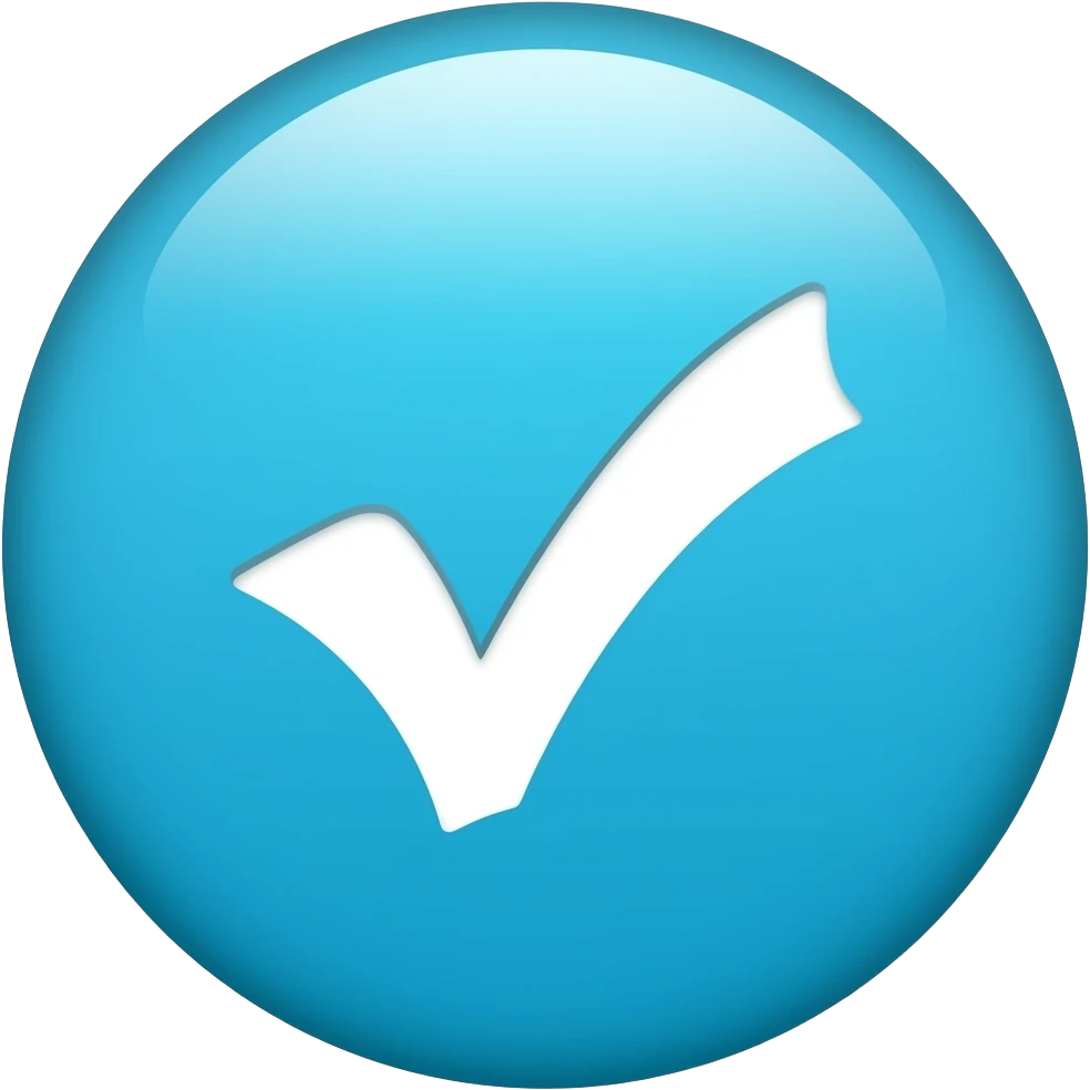 Create a white checkmark with a brilliant cyan circle as a background; it should have no shadows or highlights, but it should be smooth and 2D emoji