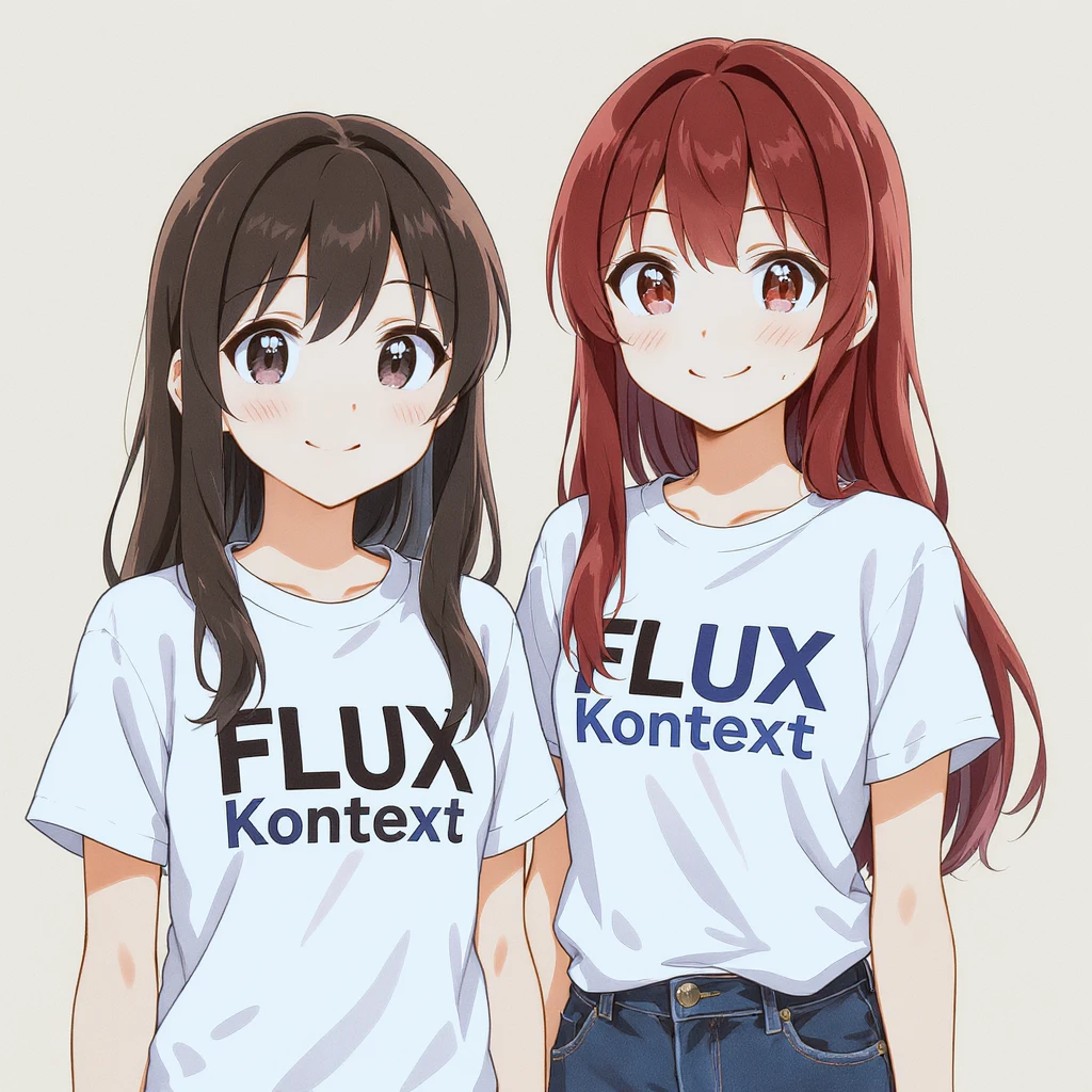 make a image of a girl with a anime version of that girl beside her wearing tshirt with text of FLUX Kontext emoji