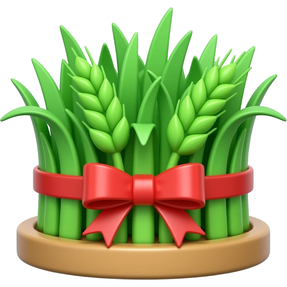 Minimal clean background. A 3D emoji-style samani (green wheat grass) tied with a red ribbon in the middle. Fresh bright green blades, soft glossy texture, rounded base plate. Apple emoji style, soft lighting, simple centered composition with negative space emoji