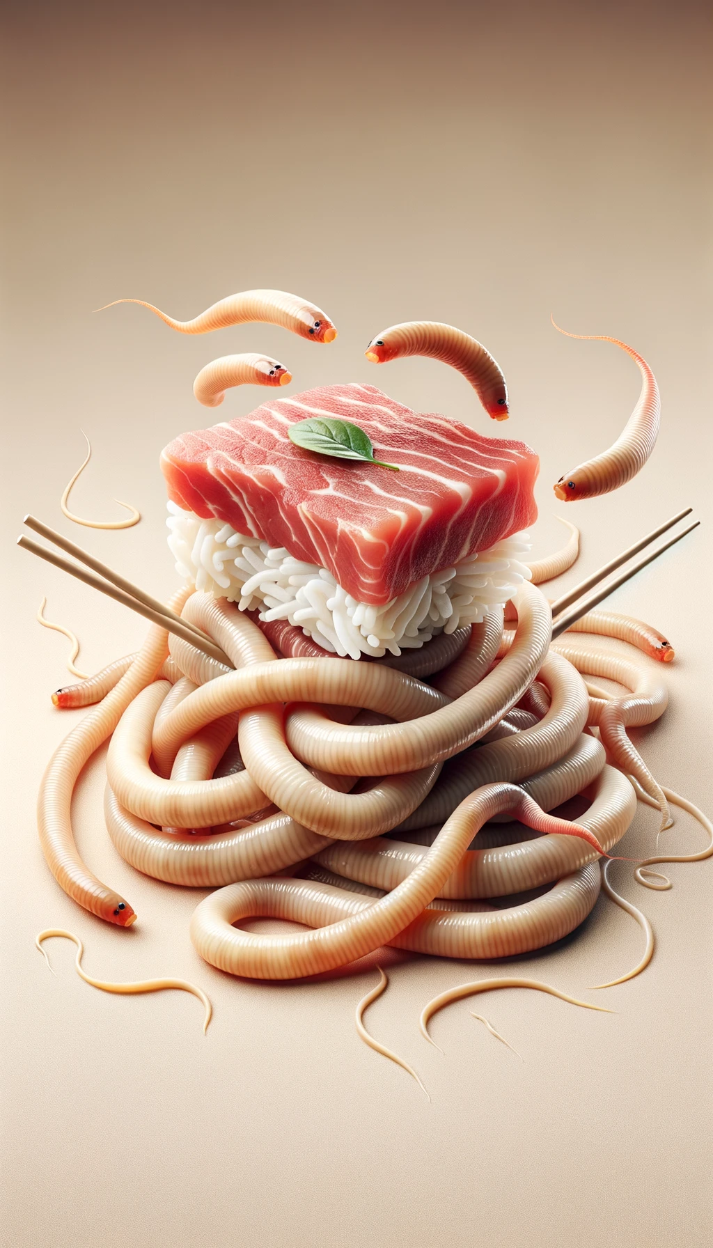carne cruda fluttua insieme a sushi, intorno a loro fluttuano vermi lunghi e beige chiaro, sfondo neutro chiaro, iperrealistico 4k emoji