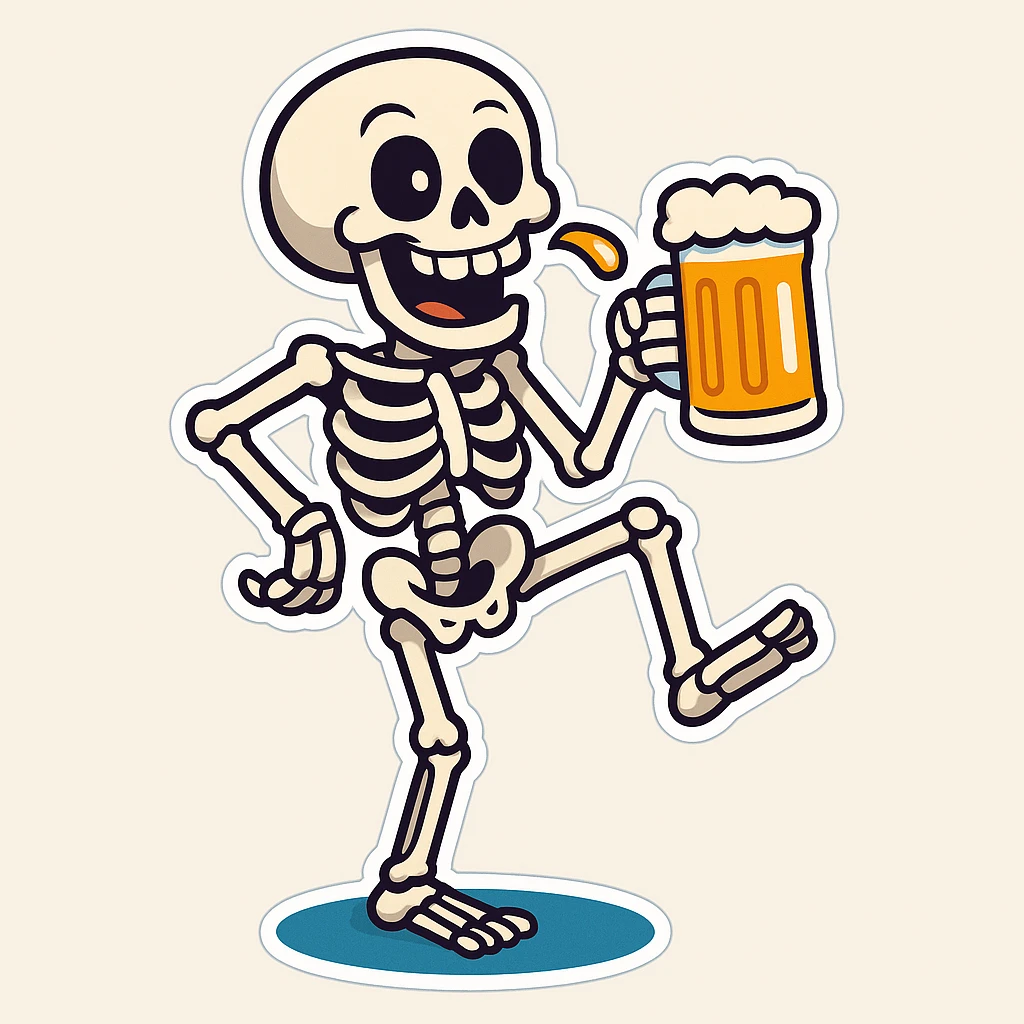 Create a variant of a skeleton drinking a beer, balancing on one leg like a flamingo, with a playful expression, in a cartoon sticker style. The style should mimic cartoonish stickers with bold outlines and vibrant colors. emoji