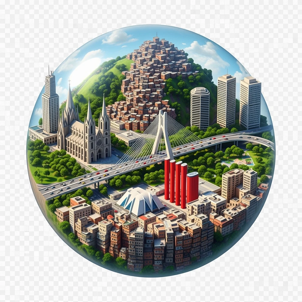 Isometric сircle miniature of São Paulo Catedral da Sé, MASP on red pillars, Octávio Frias Bridge, and Altino Arantes building, favelas on hillsides, dense chaotic urban blocks, and green parks 3D miniature effect and Tilt Shift effect, no cartoonish look, transparent background. emoji