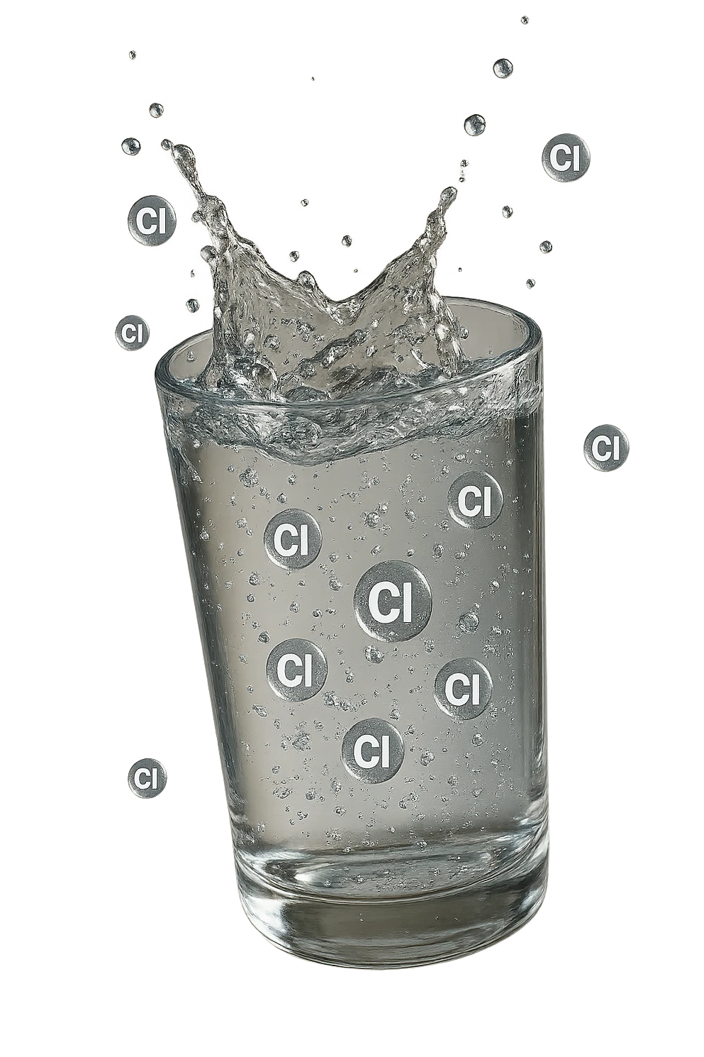 un bicchiere di acqua cade verticalmente dall'alto realistico e dettagliato, dentro l'acqua del bicchiere ci sono particelle di cloro ben visibili con la scritta "Cl" sopra, ci sono particelle anche che escono dal bicchiere e fluttuano in aria verticalmente, mentre alcune sono all'interno dell'acqua nel bicchiere, iperrealistico 4k emoji