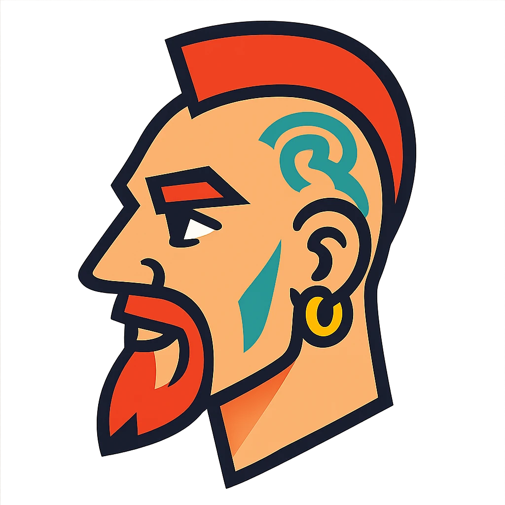 vibrant toon style head of a white man with a goatee, mohawk, earring, and head tattoo emoji