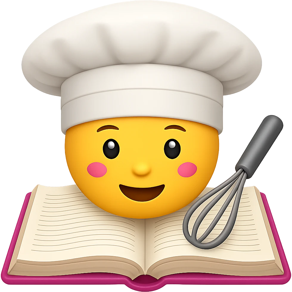 Create an emoji style image of a chef hat on top of a cookbook with a whisk. The style should resemble apple style emojis with clear, concise details and vibrant colors. emoji