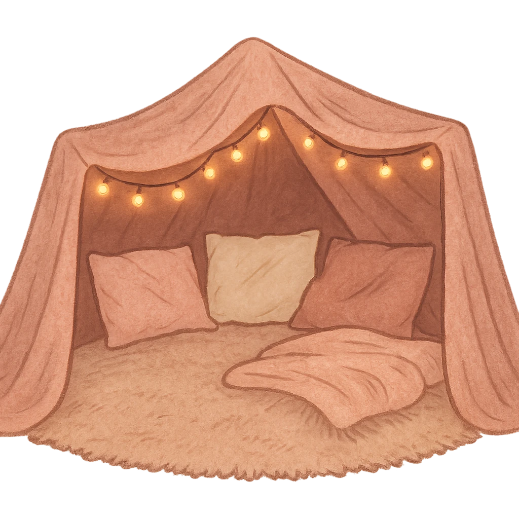 pink cozy blanket fort with string lights, inviting emoji