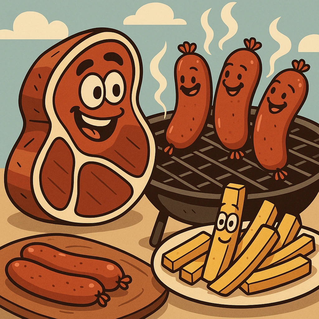 beef sirloin steak sausages on a bbq french fries potato plates   emoji