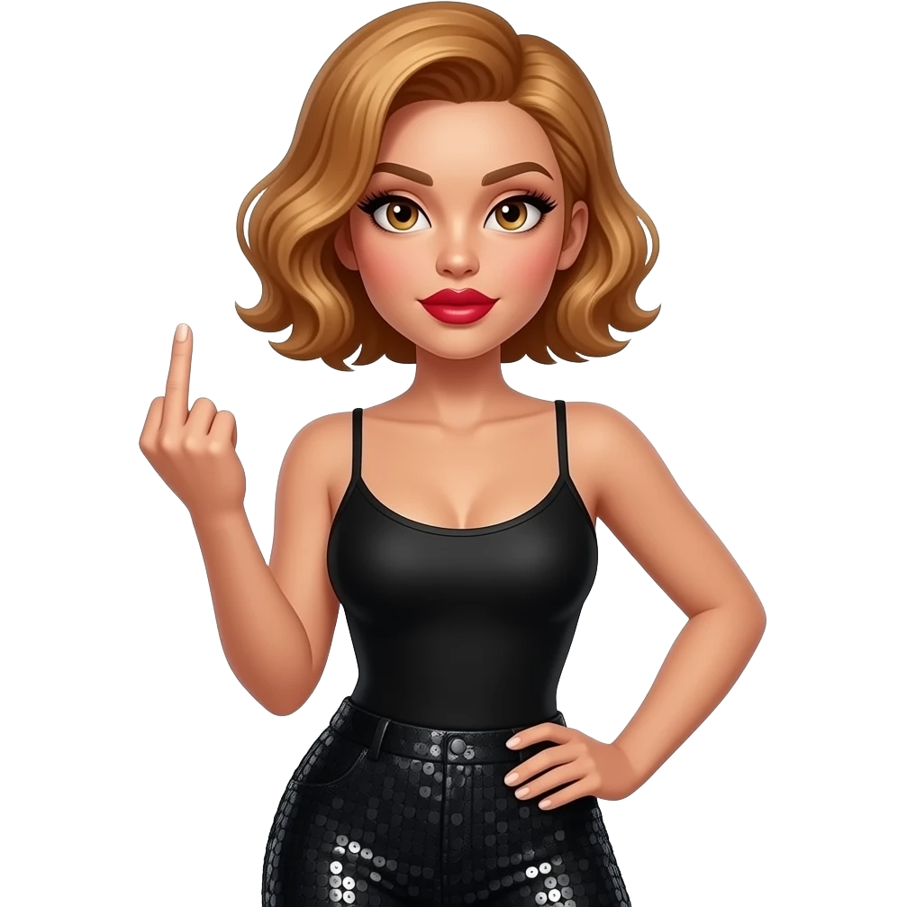 glamours,-tanned,-very-beautiful-woman-with-big-plump-red-lips,-long-long-lashes,-honey-silky-very short- hair,-wavy-hair,-hazel-eyes- wearing-black-bodysuit-and-black-sequinned-pants-black-and-sticking-up-middle-finger-waist-up emoji