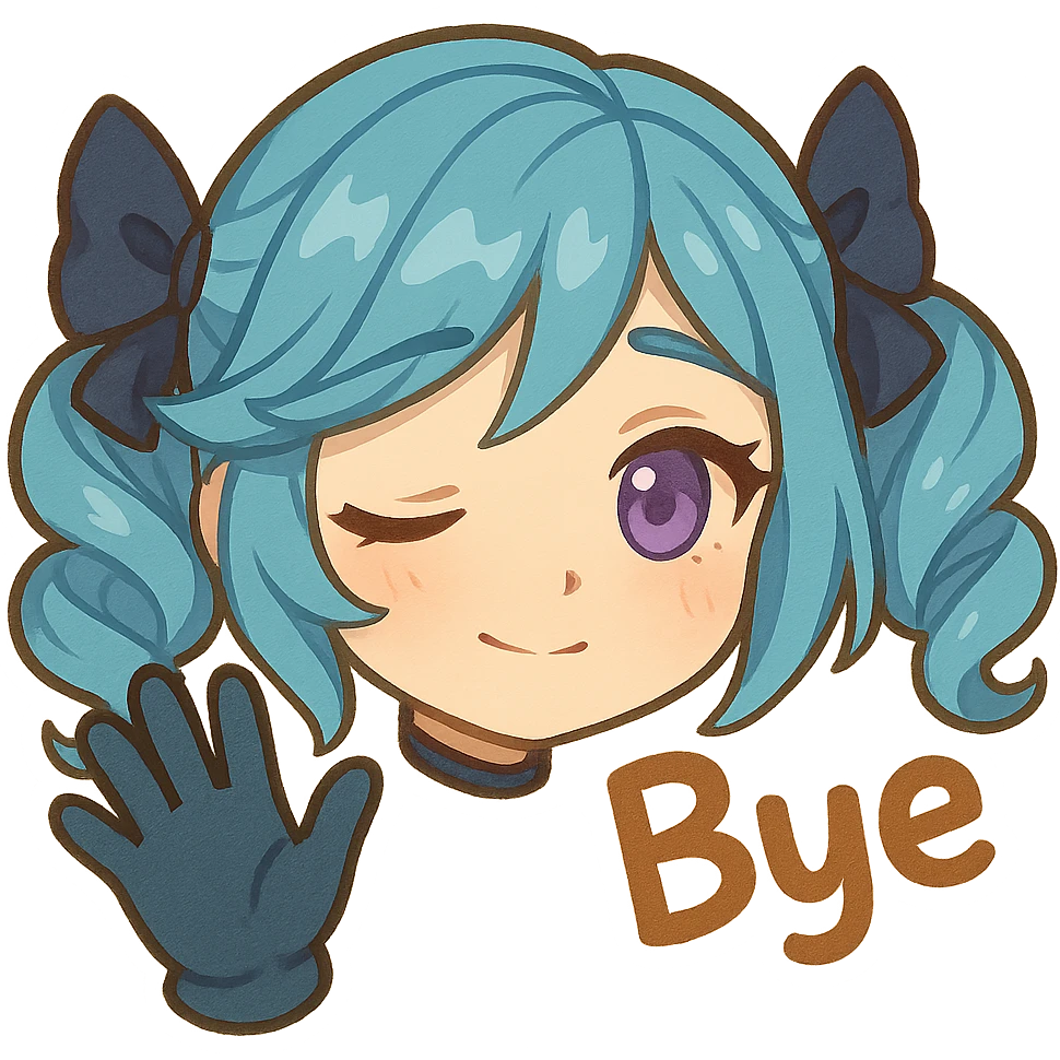 chibi style head of Gwen from League of Legends, right eye purple, one hand waving with glove, expressing a goodbye emote, wistful and soft look, no letters emoji