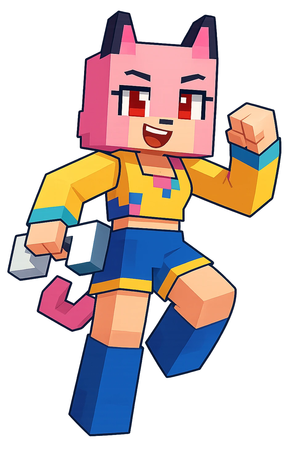 Extract the leftmost character with pink outfit and cat ears from the image, fully visible and separate, preserving the original Minecraft cartoon style and appearance, with a transparent background. emoji