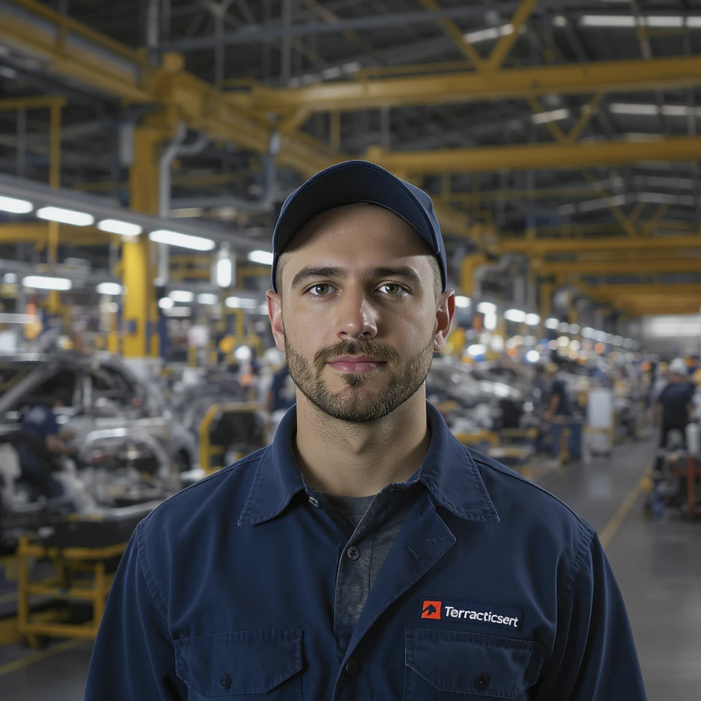 Realistic car factory, detailed machinery, industrial atmosphere, workers in uniforms, assembly lines with cars in production, realistic lighting and shadows, large warehouse-like structure with high ceilings, metal beams, and industrial equipment, realistic style emoji