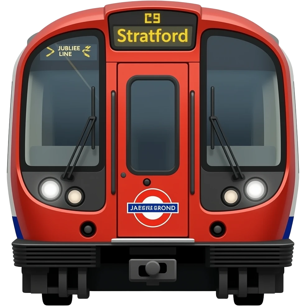 Make a 1996 stock London Underground train with rectangular lights and at the front door mak it say jubilee line and on the board art the top make it say Stratford also make the headlights rectangular emoji