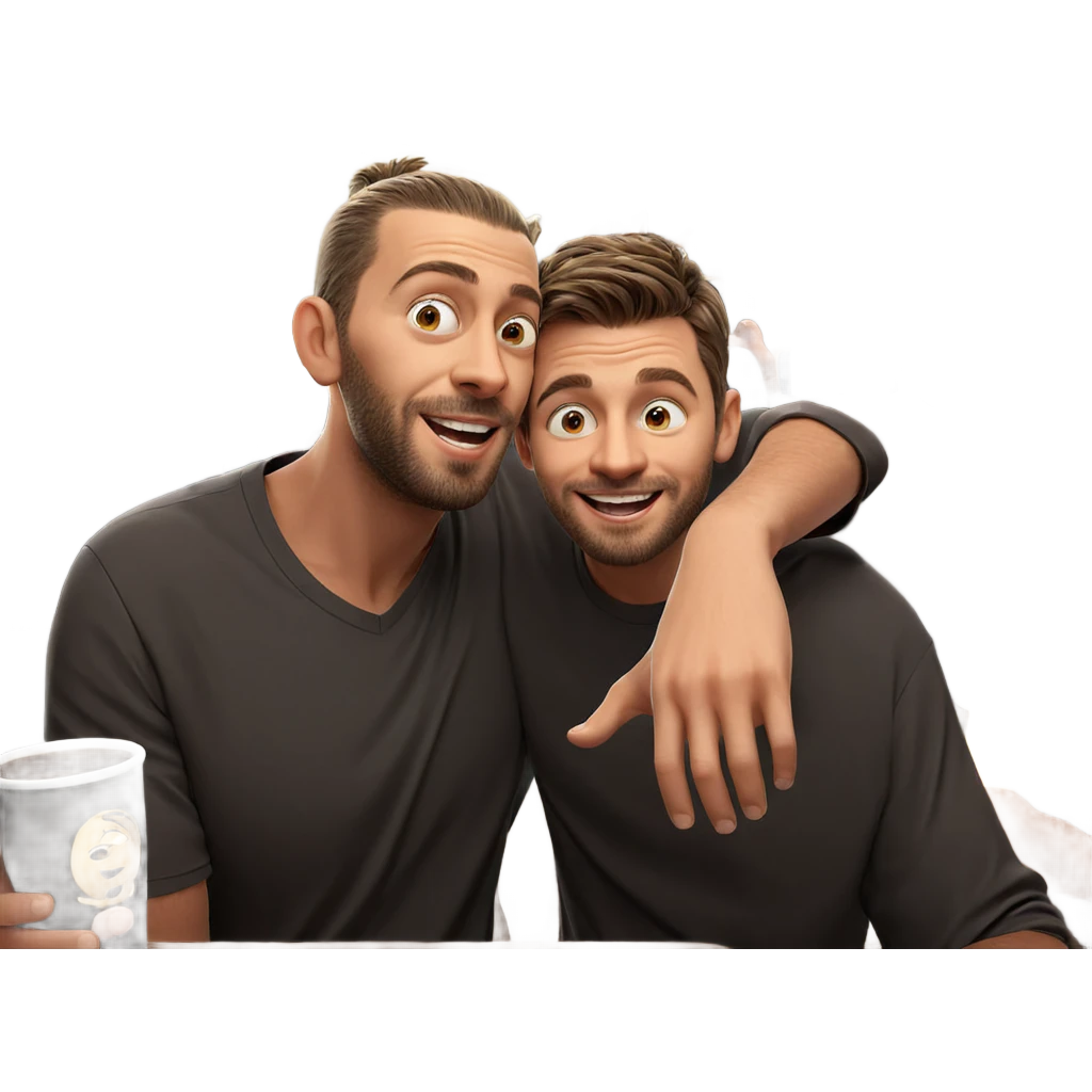 smiling boys with coffee cups emoji