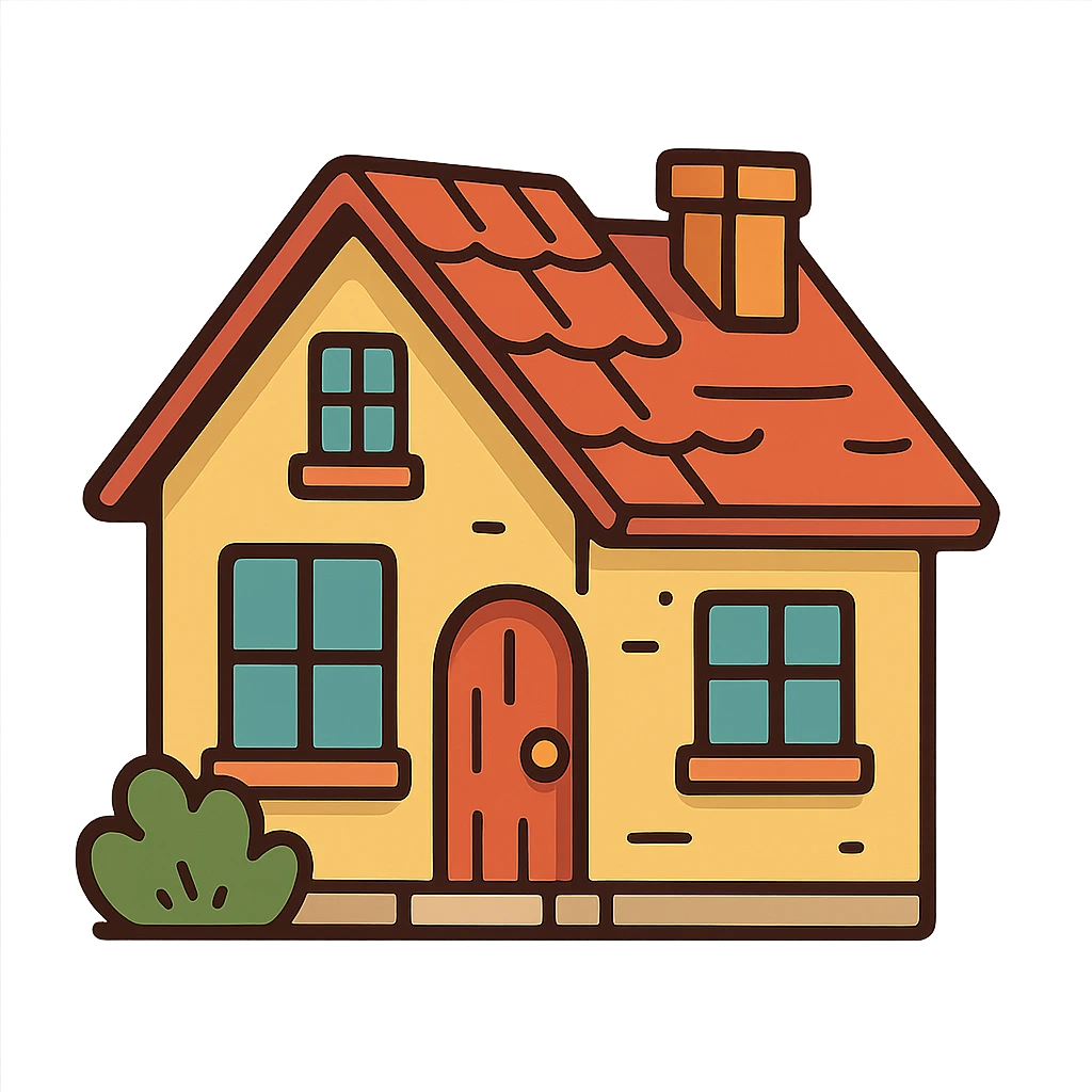 A cartoon-style house icon for a game, bright colors, playful design emoji