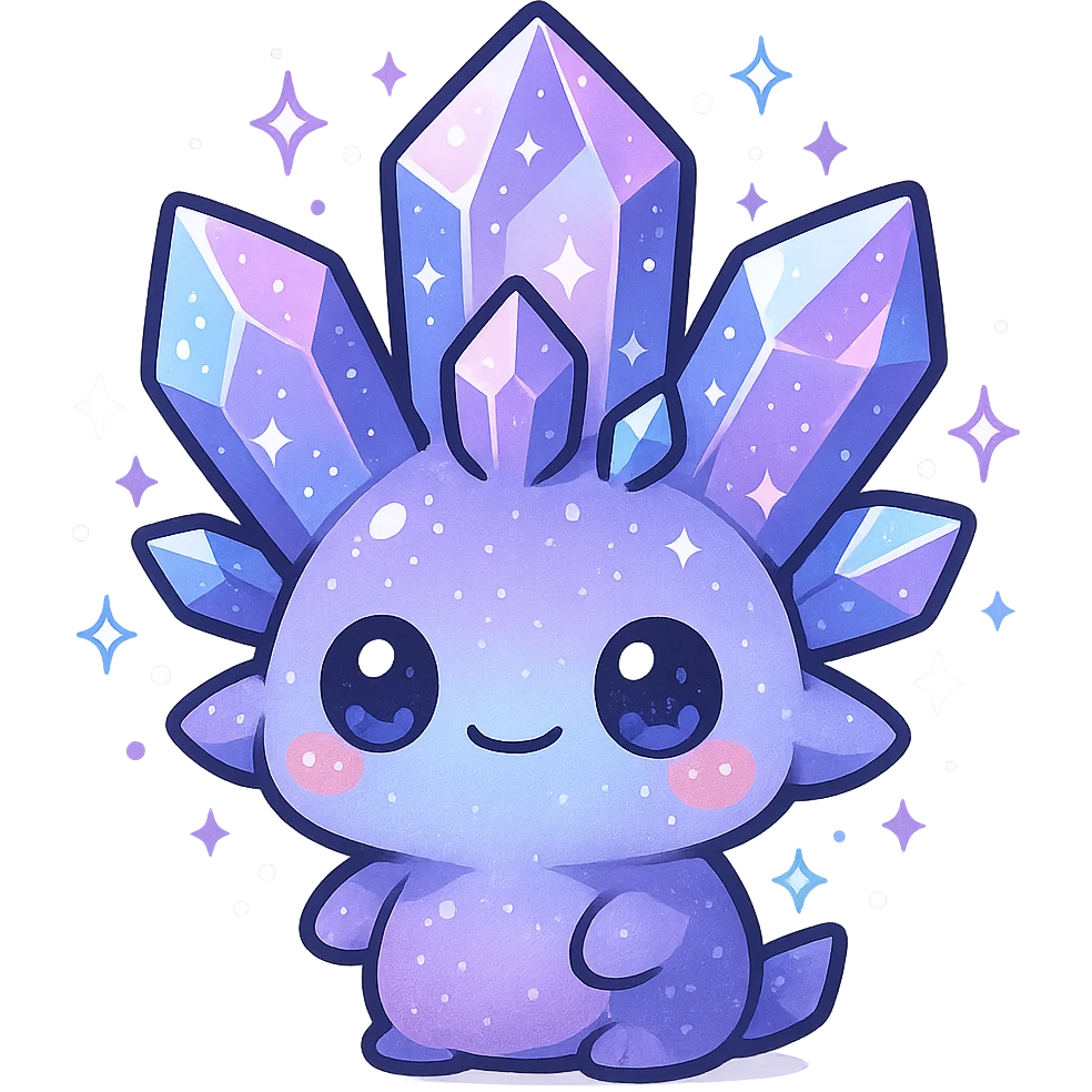 kawaii chibi crystal sprite creature, purple, blue, and pink, cute and sparkly, chibi style, adorable expression emoji