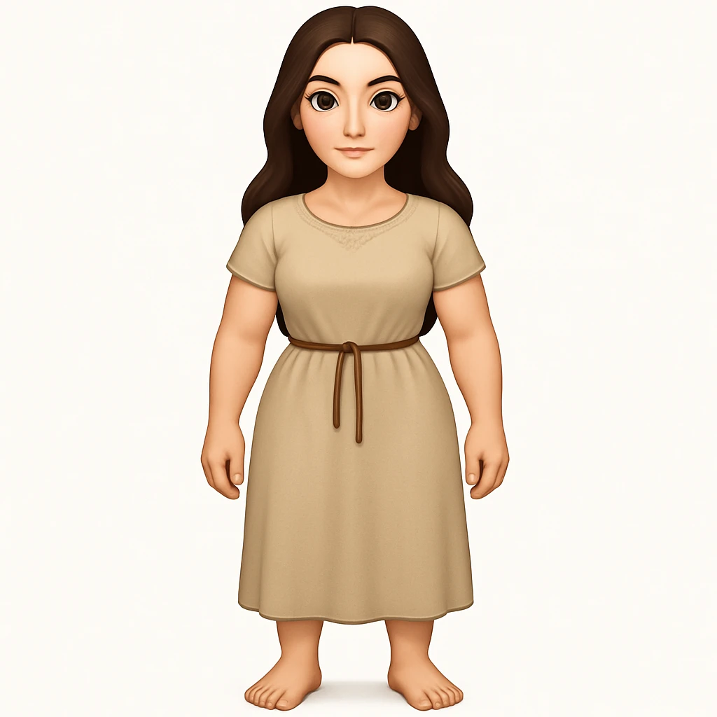 Fullbody Mary Magdalene, athletic and curvy, very pretty detailed face, simple light tan dress, no hood, dark hair, arms lowered to a normal pose with hands by hips, in emoji style. emoji