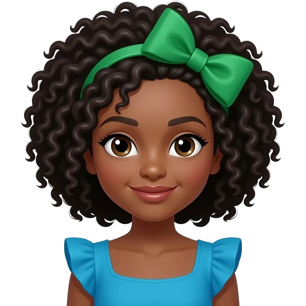 a afro girl with big green bow hair pin and wear a vibrant blue dress emoji