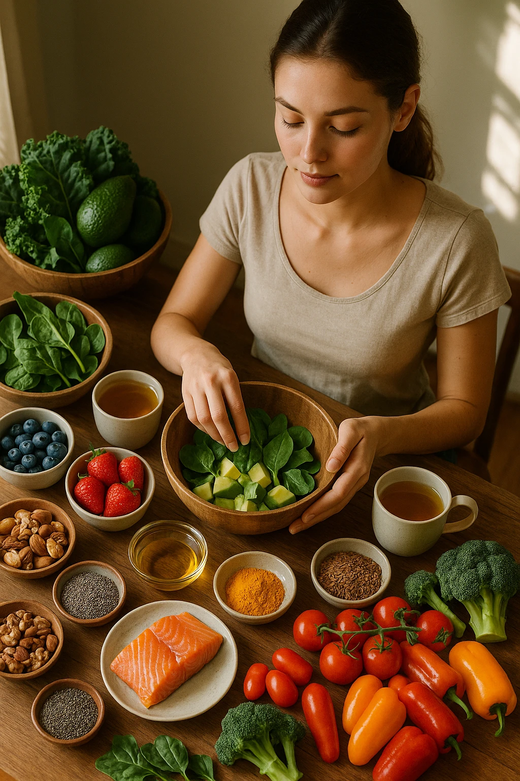A realistic, cinematic flat-lay image of a clean wooden kitchen table filled with fresh, colorful whole foods known to help reduce androgen excess naturally. The table includes leafy greens like spinach and kale, avocados, berries, colorful vegetables, nuts, seeds (chia and flaxseeds), wild-caught salmon, and herbal teas, carefully arranged in an aesthetically pleasing, organized manner. A small glass bowl with olive oil and another with turmeric powder are included, emphasizing anti-inflammatory properties. In the scene, a young woman with clear, healthy skin and a calm expression is preparing a bowl with these ingredients, symbolizing a hormone-balancing diet. Warm, natural daylight streams in, creating a cozy and inviting atmosphere. The style is hyper-realistic 35mm photography, with vibrant yet soft colors, showcasing textures of the fresh produce and the peaceful vibe of using nutrition to support hormonal balance in italiano emoji
