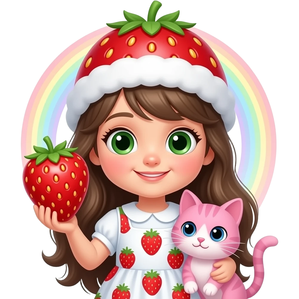Little girl with long dark blond hair, Green eyes, strawberry hâte and strawberry dress and big strawberry in one Hans and pink cat, rainbow around emoji