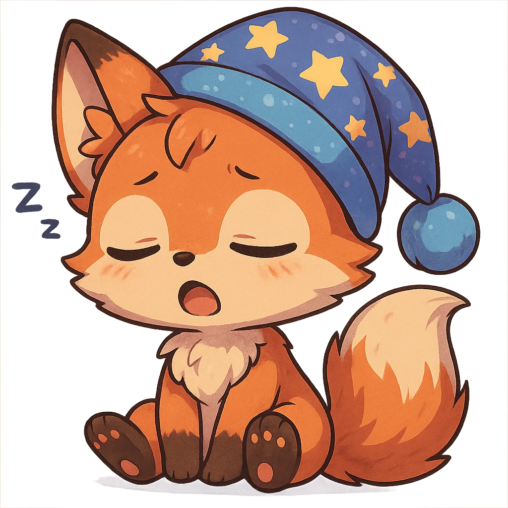 chibi anime style fox character, very sleepy, with a nightcap, cute, colorful, detailed emoji