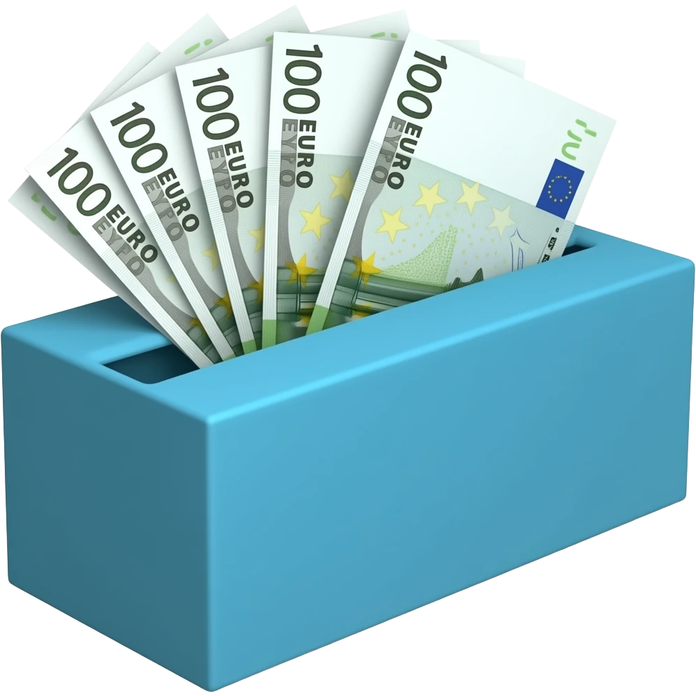 A basic blue box with multiple euro notes sticking out of a slit at the top emoji