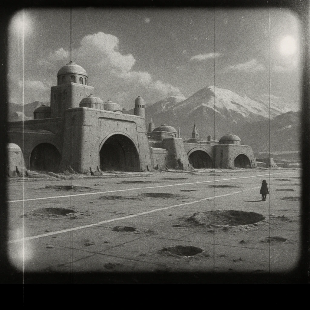 8mm film black and white, no color, light leaks. the image shows post-war reconstruction-era life in the z'rian commonwealth capital region, santa-fe neo-adobe futuristic architechture. arctic temperate region. the image shows a vast airstrip, craters and blast marks, and fortified-hangar-bastions emoji