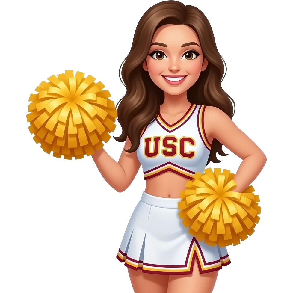 kinny white happy long haired brunette girl in a white USC cheerleader costume and big poom poom hold with hands emoji