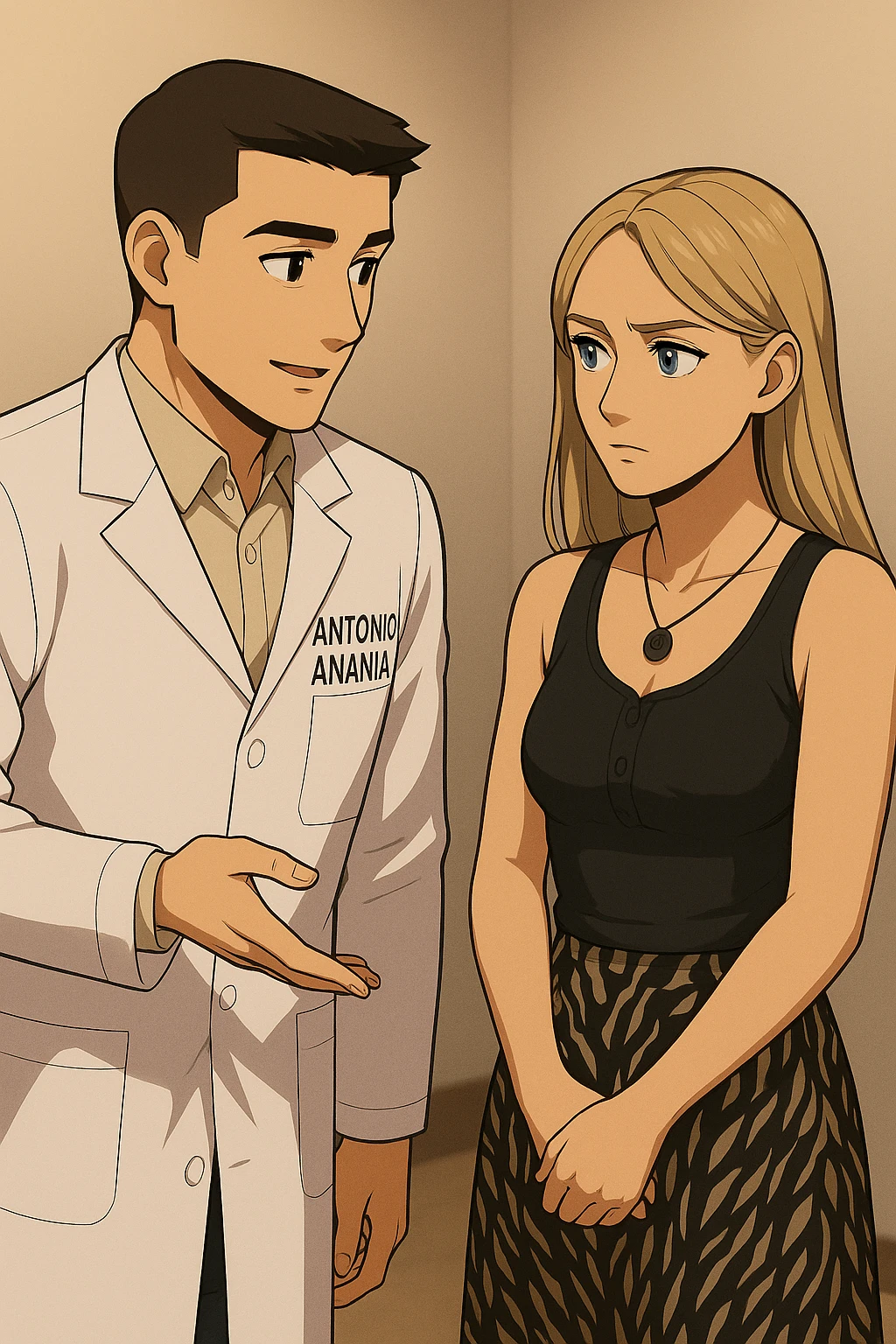 fai un webtoon/manga a colori con questo kinesiologo in camice bianco (fagli la scritta "ANTONIO ANANIA" SUL CAMICE) CHE PARLA CON QUESTA RAGAZZA CON GLI OCCHI AZZURRI. la ragazza gli fa una domanda preoccupata e IL KINESIOLOGO CON IL CAMICE BIANCO LE risponde. NON FARE I FUMETTI, FAI SOLO LORO COME SE DIALOGASSERO emoji