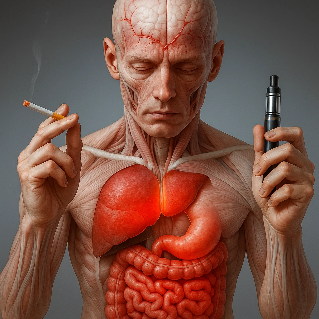 Medical illustration, hyperrealistic 4K, realistic anatomical human body, inflamed liver and intestine highlighted, holding a lit normal cigarette in the right hand and an electronic cigarette in the left hand, clear background, extremely detailed, same lighting and style as the reference image. emoji
