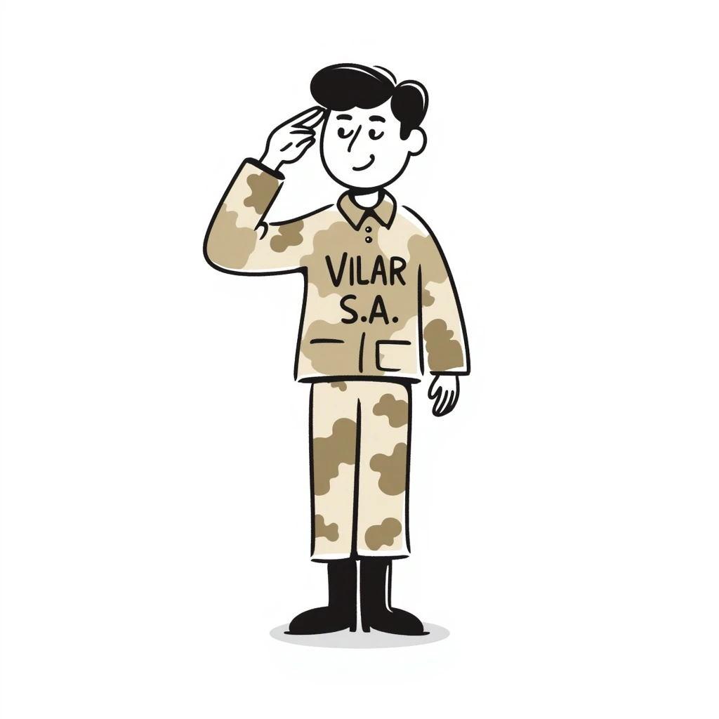 soldadito militar con camuflaje en crema, marrón y beige, saludando, con 'Vilar S.A.' escrito en el pecho, estilo dibujo a mano alzada emoji