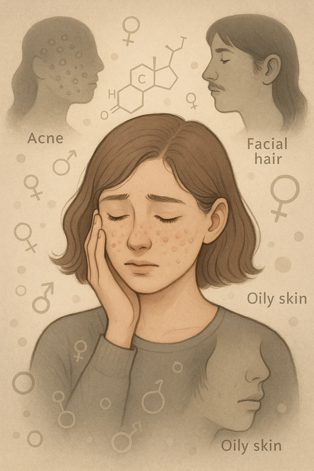 A young woman is surrounded by faint overlays of hormonal symbols and androgen molecules, with shadowy images of acne, facial hair, and oily skin projected around her, symbolizing the symptoms of PCOS with androgen excess. She looks down, gently touching her face with a resigned but hopeful expression, symbolizing her journey toward managing these symptoms. emoji