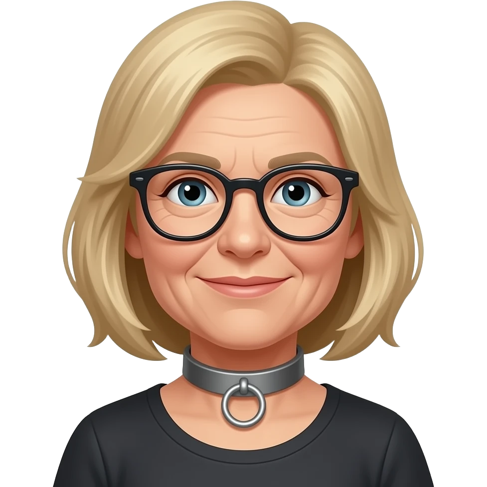 Girl 50 years. Blond. Glasses, with metal collar with o-ring emoji