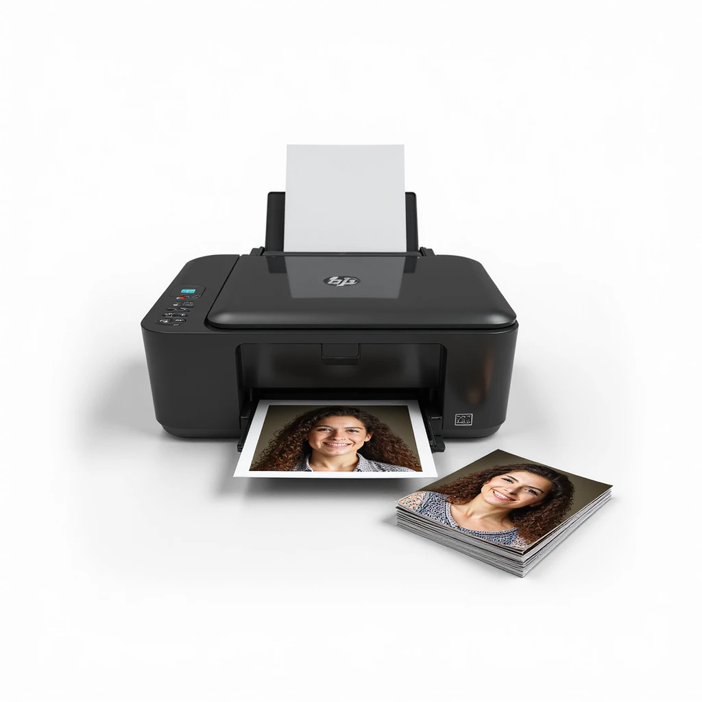 realistic thumbnail image for a passport size photo print out service, showing a modern printer with several sheets of passport size photos and a stack of printed photos in the foreground, white background emoji