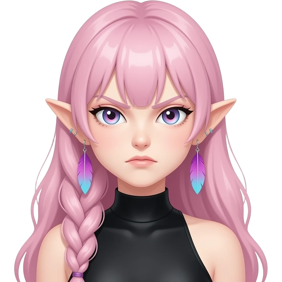 Gorgeous beautiful pretty grumpy anime lady long-pale-whitish-pastel-pink-hair with one braid on each side, hanging gradient-purple-pink feather-ear-cuffs on each side in hair, black bodysuit covering neck, blue eyes, pink iris, ethereal, fashion aesthetic emoji