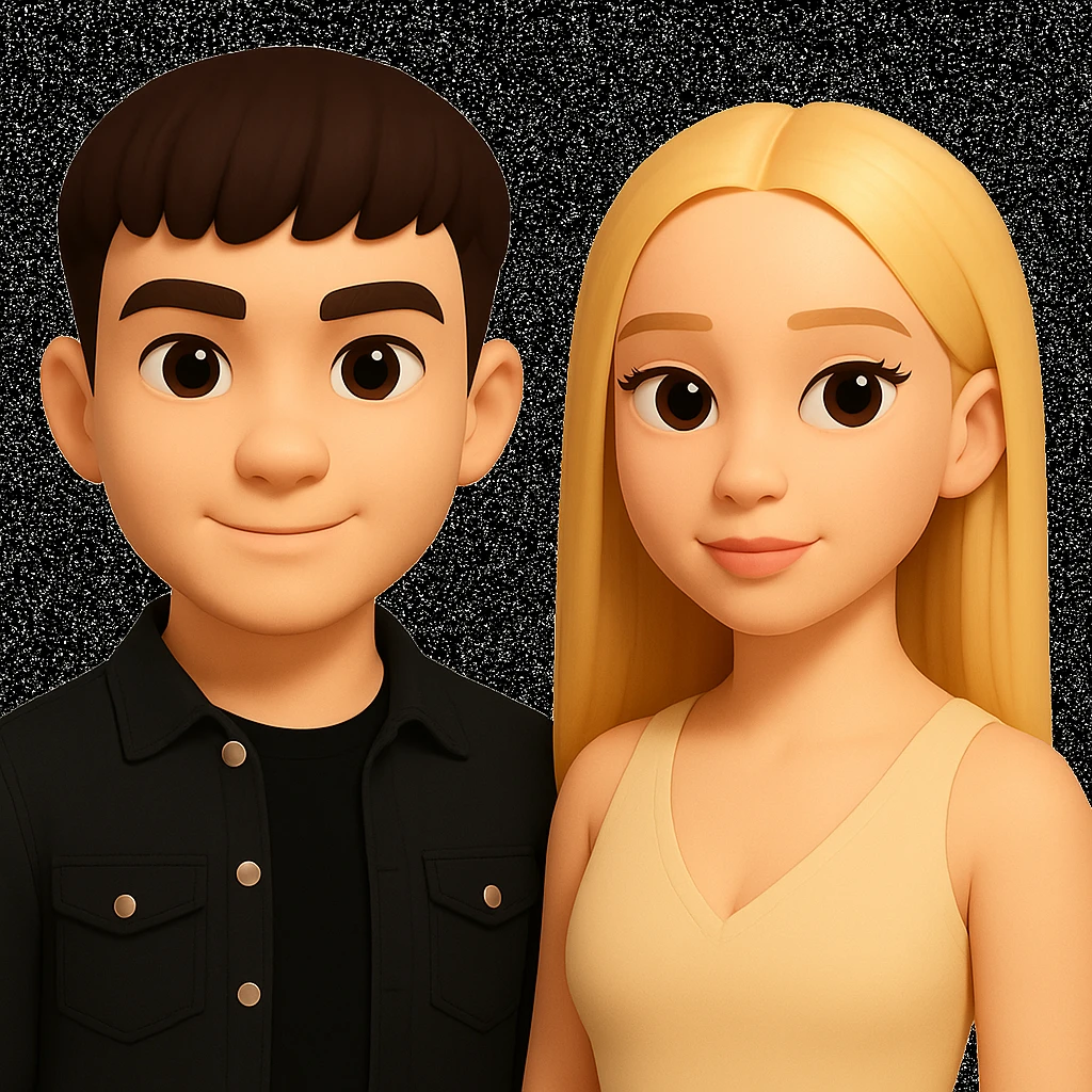 Slightly increase the volume of the upper body of the girl, significantly spread them apart from each other, make the skin color the same for both characters, while preserving the cartoonish 3D style as seen in the reference image. emoji