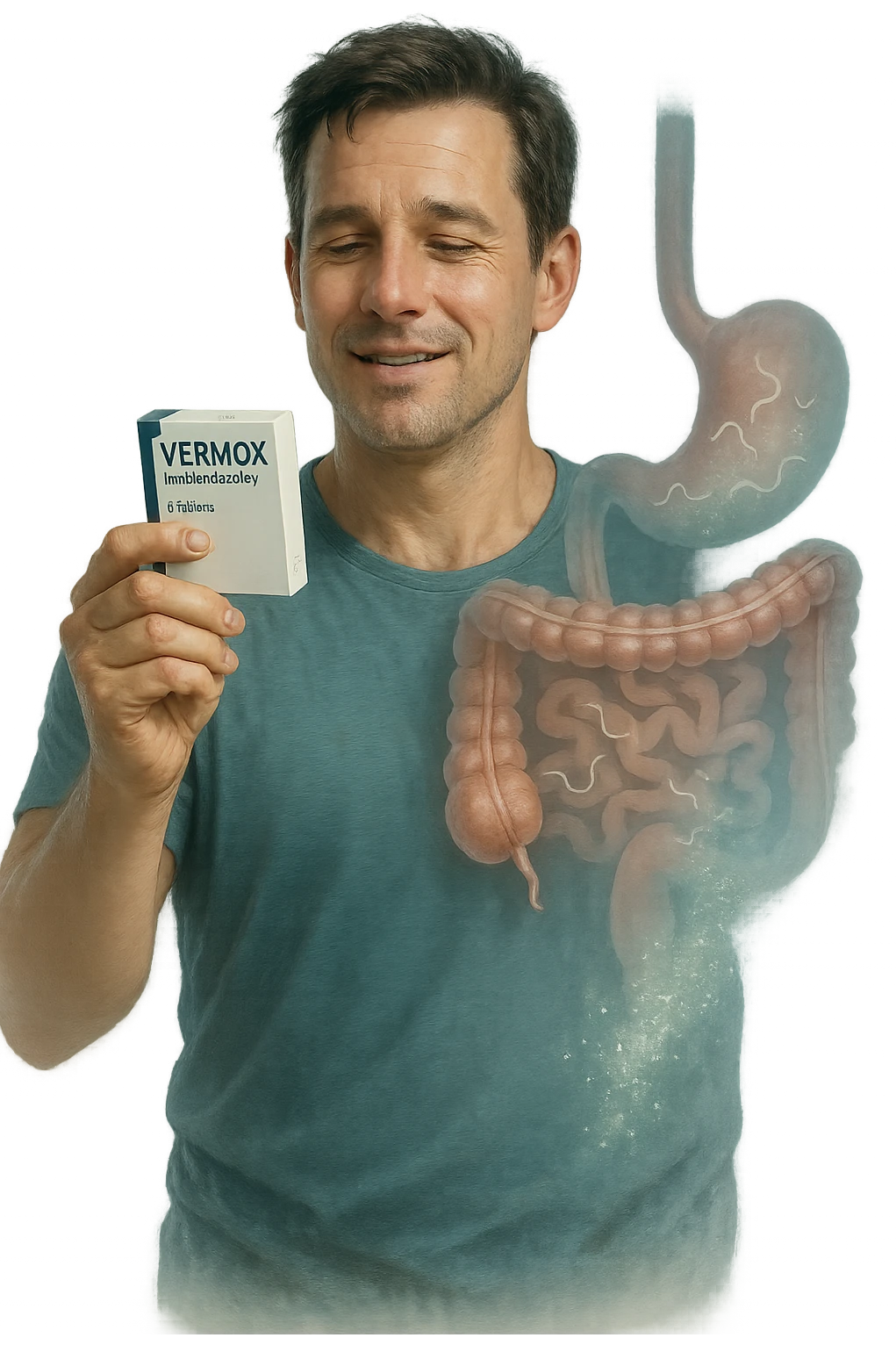 A realistic, cinematic illustration of a man in his late 30s holding a small white box of ‘Vermox’ (mebendazole) in one hand, with a relieved and hopeful expression on his face. Behind him, a semi-transparent overlay shows his digestive tract where small, symbolic worm-like parasites are dissolving and disappearing, indicating the medication’s effect. The environment is clean and bright, with a medical yet hopeful tone, conveying the concept of effective parasite removal. Subtle blue and green tones symbolize cleansing and health restoration, while the man appears energized and ready to reclaim his well-being emoji